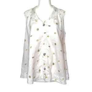 St. Tropez 100% Linen White Lemon Fruit Print Smocked Button Down Tank Top Sm